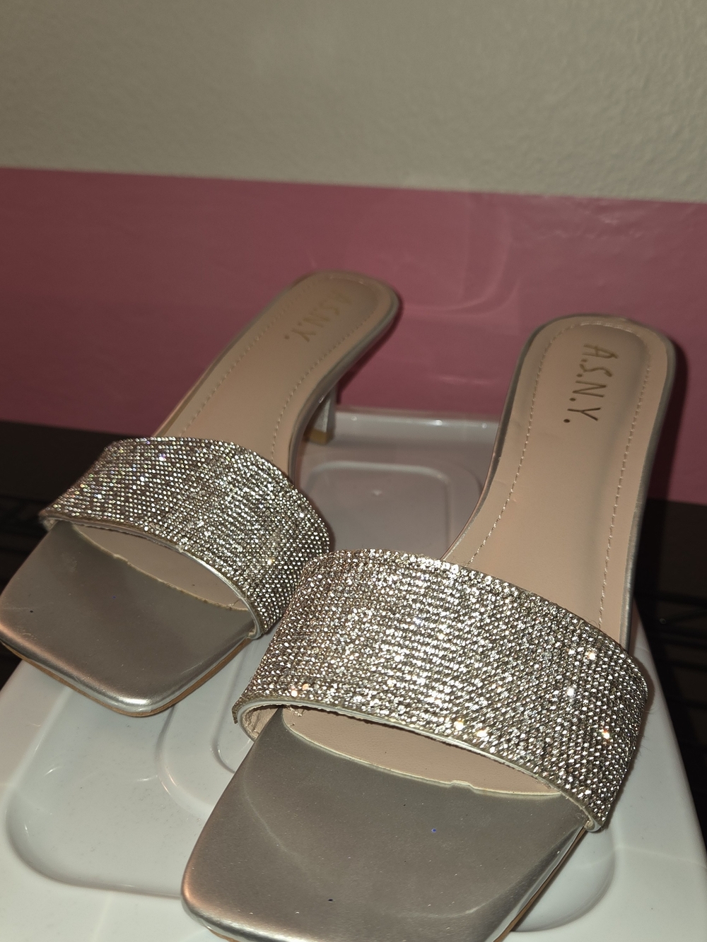Women's Silver Rhinestone Slide Heels